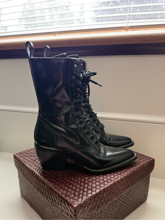 Chloe Shoes - Chloe Black Lace-Up Mid-Calf Leather Boots